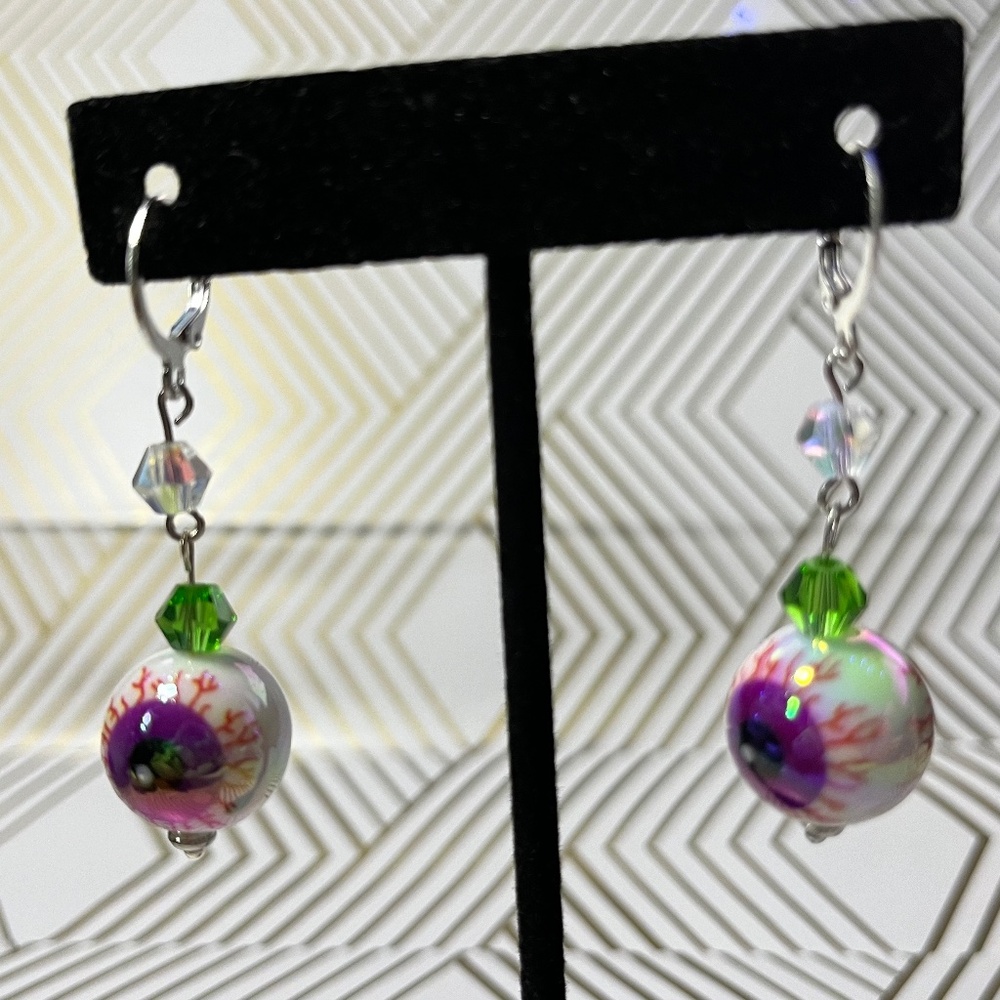Halloween Scary Eyeball Bead Earrings purple and green